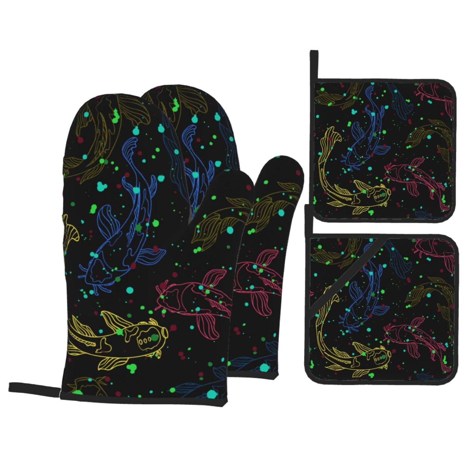 Line Art Fish Silhouettes Japanese 4Pcs Oven Mitts and Pot Holders Sets Oven Kitchen Gloves Hot Pads for Cooking BBQ Baking Grilling