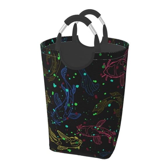 Line Art Fish Silhouettes Japanese Laundry Bag with Handle - Foldable Dirty Clothes Hamper Collapsible Storage Bin