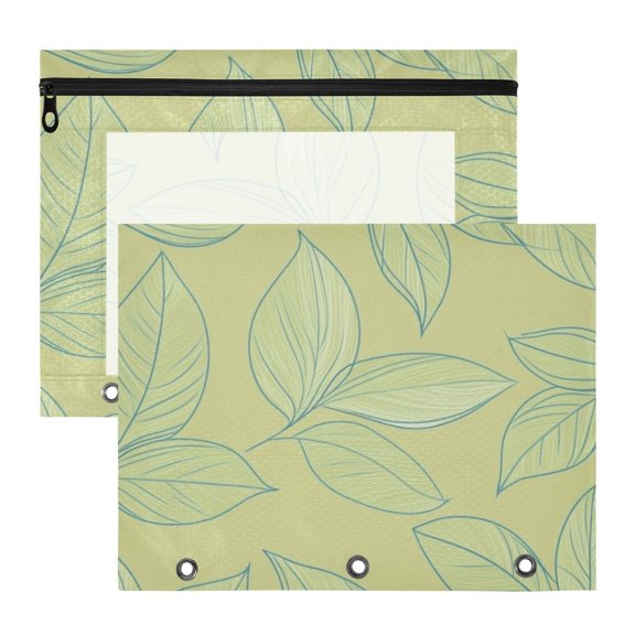 Line Art Green Leaves 3-Ring Binder Pouches A4 Size Zipper Pocket File Storage 2 Packs
