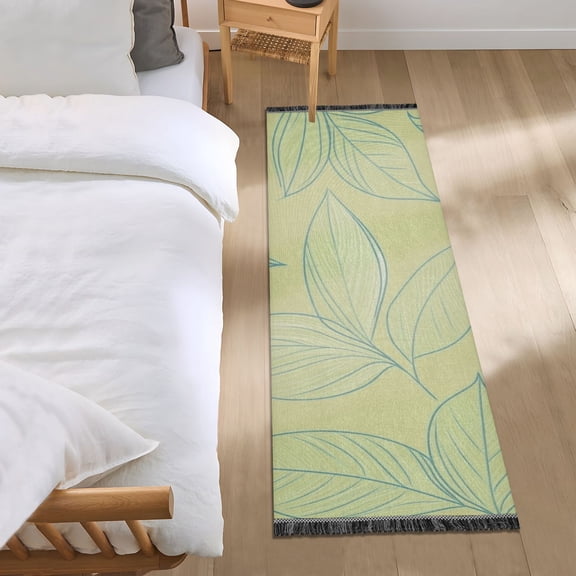 Line Art Green Leaves Bedside Runner Rug 2'x 6' Non Slip Carpet Floor Mat Area Rug