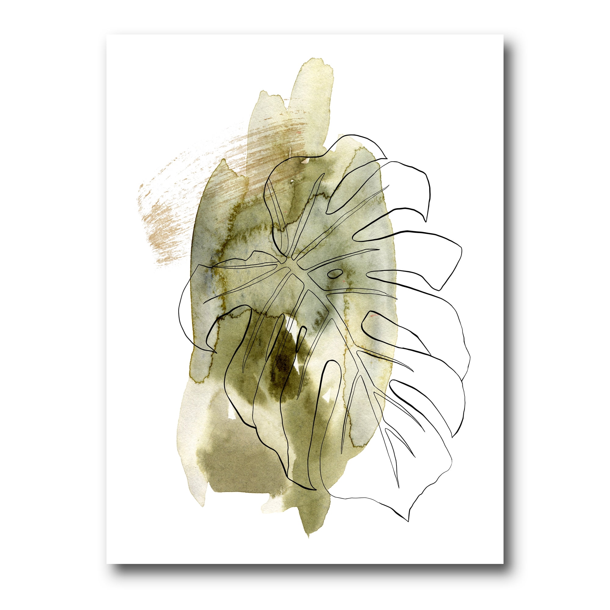 Line Art Monstera Branch Tropical Abstract Leaves on Green 12 in x 8 in Painting Canvas Art Print, by Designart