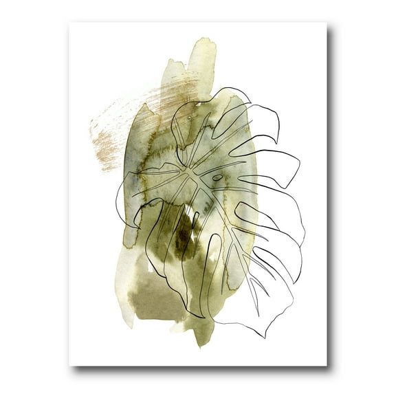 Line Art Monstera Branch Tropical Abstract Leaves on Green 12 in x 8 in Painting Canvas Art Print, by Designart