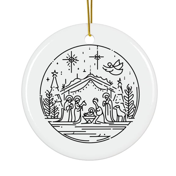 Line Art Nativity Scene In Manger Magical Season Treasure For Gifts And Surprises Hanging Round Ornament