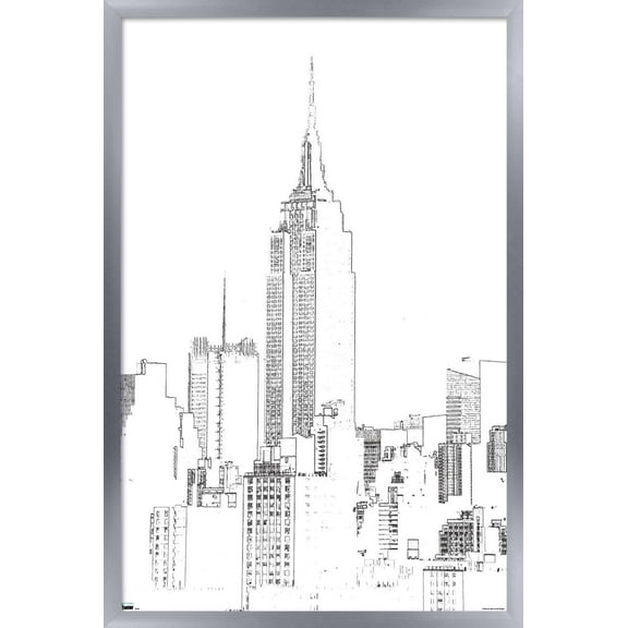 Line Art - New York Skyline Wall Poster, 14.725" x 22.375", Framed
