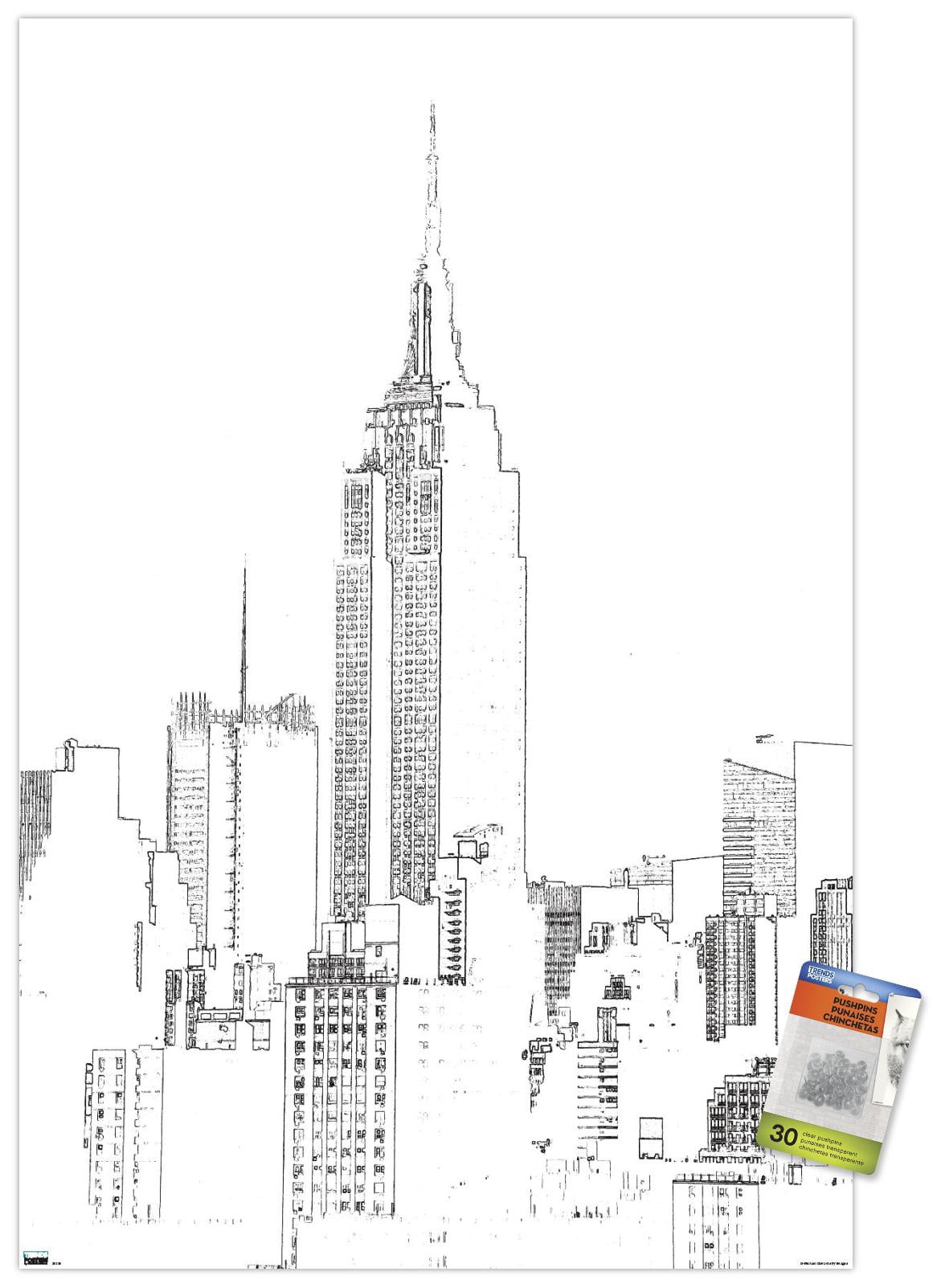 Line Art - New York Skyline Wall Poster with Pushpins, 22.375" x 34"