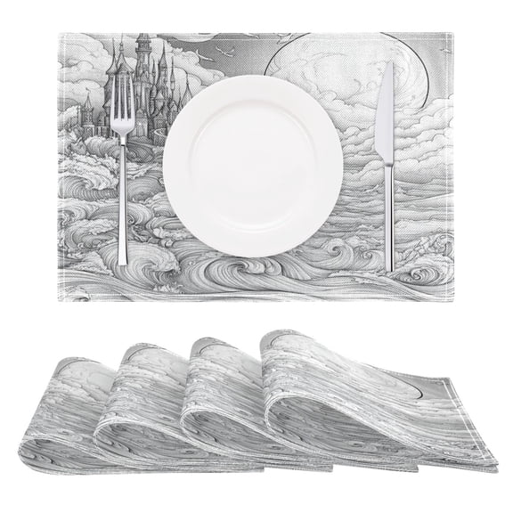 Line Art Sky Castle Reversible Placemat Set of 4 Non Slip Coffee Mats 18x12 Inch for Dining, Kitchen, Coffee
