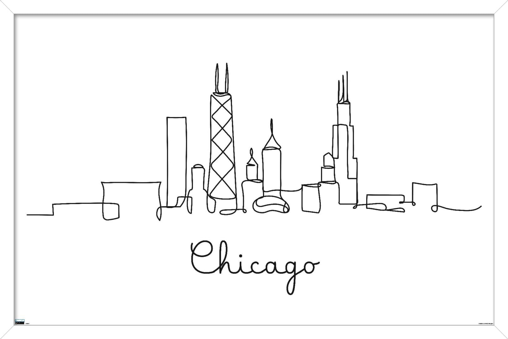 Line Art Skyline - Chicago Wall Poster, 14.725" x 22.375", Framed