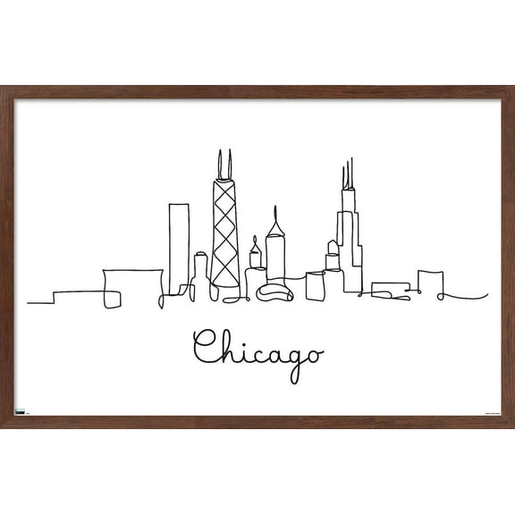 Line Art Skyline - Chicago Wall Poster, 14.725" x 22.375", Framed
