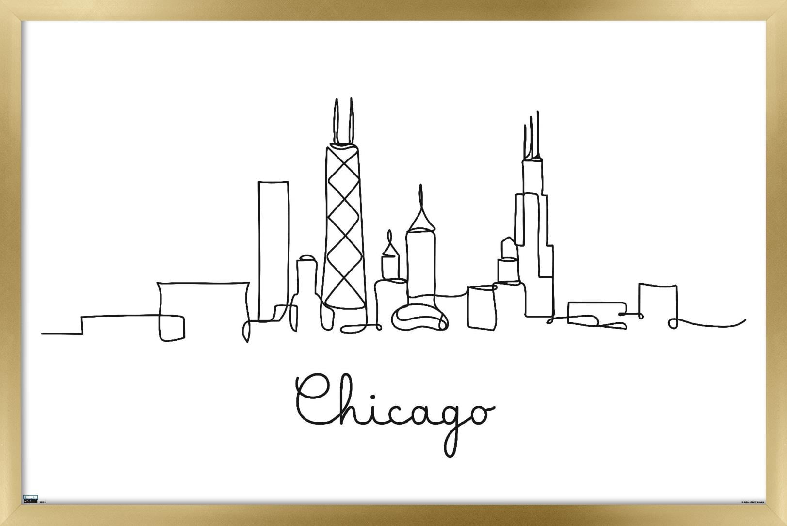 Line Art Skyline - Chicago Wall Poster, 14.725" x 22.375", Framed