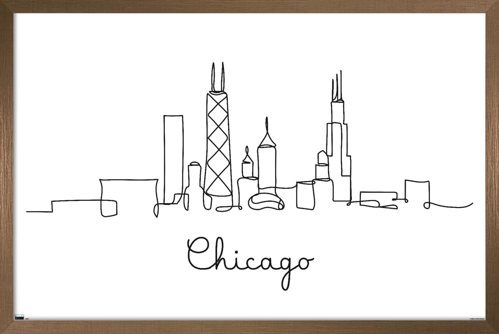 Line Art Skyline - Chicago Wall Poster, 14.725" x 22.375", Framed