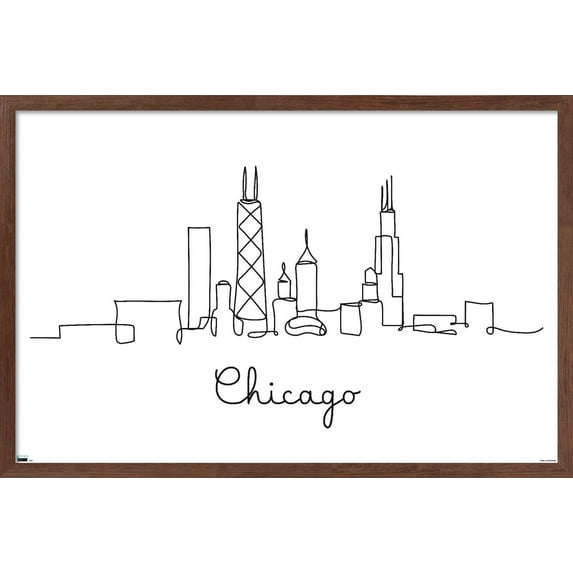 Line Art Skyline - Chicago Wall Poster, 22.375" x 34", Framed