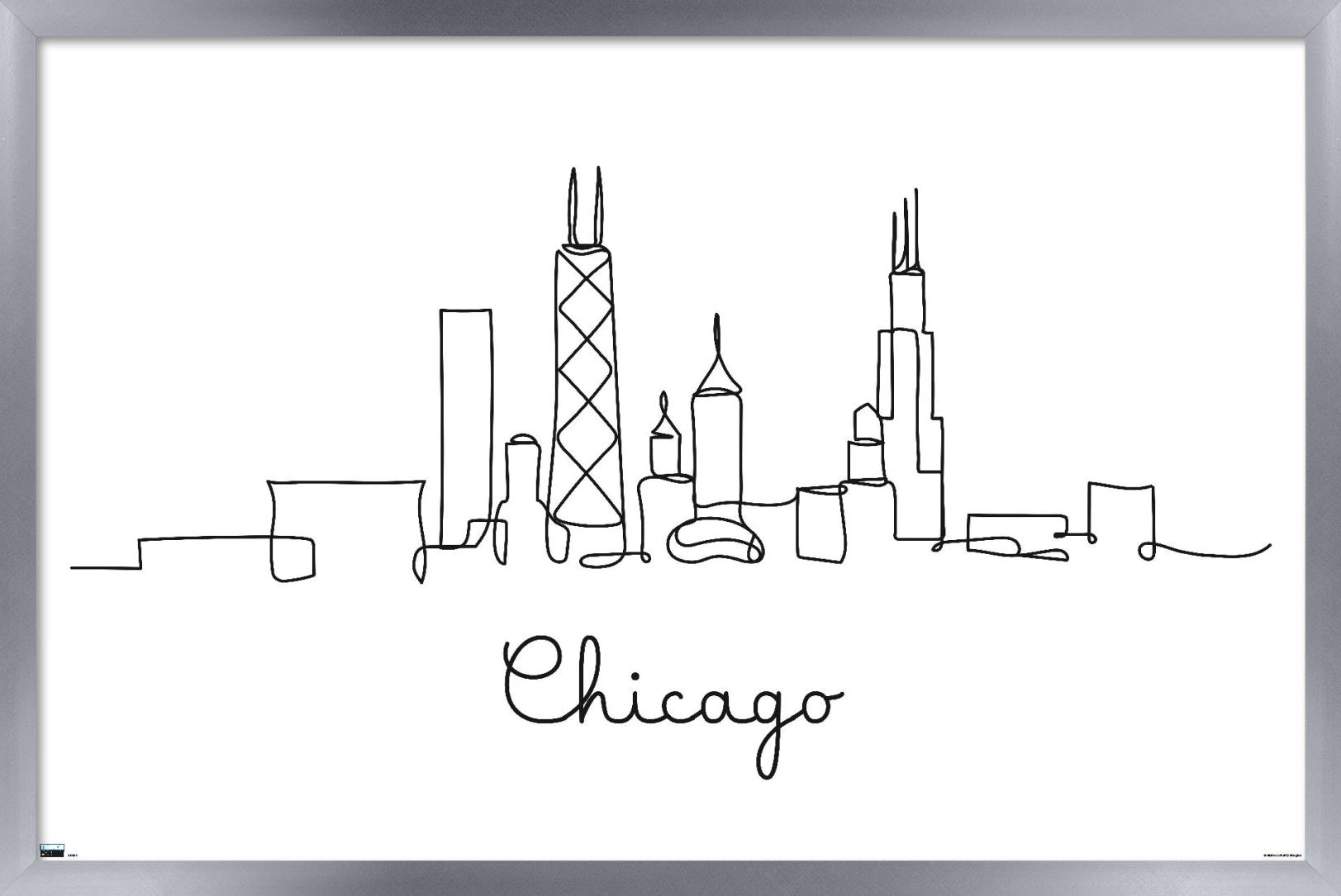 Line Art Skyline - Chicago Wall Poster, 22.375" x 34", Framed