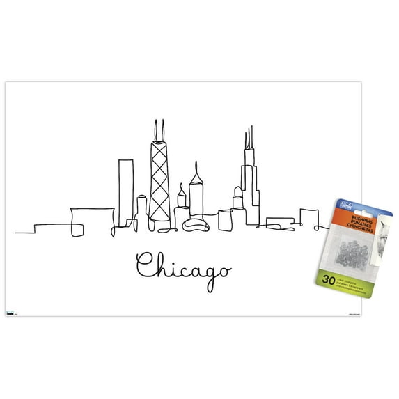 Line Art Skyline - Chicago Wall Poster with Pushpins, 14.725" x 22.375"