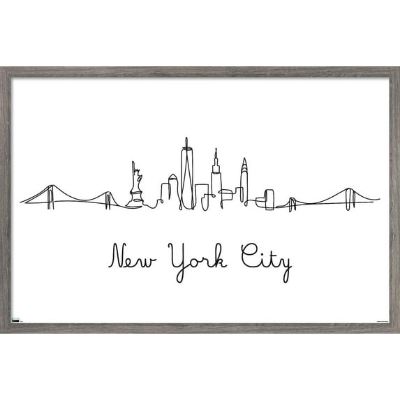 Line Art Skyline - New York City Wall Poster, 14.725" x 22.375", Framed