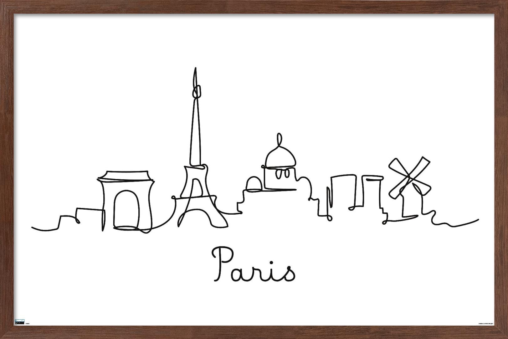 Line Art Skyline - Paris Wall Poster, 14.725" x 22.375", Framed