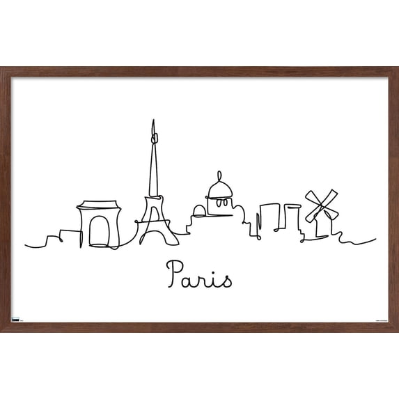 Line Art Skyline - Paris Wall Poster, 14.725" x 22.375", Framed