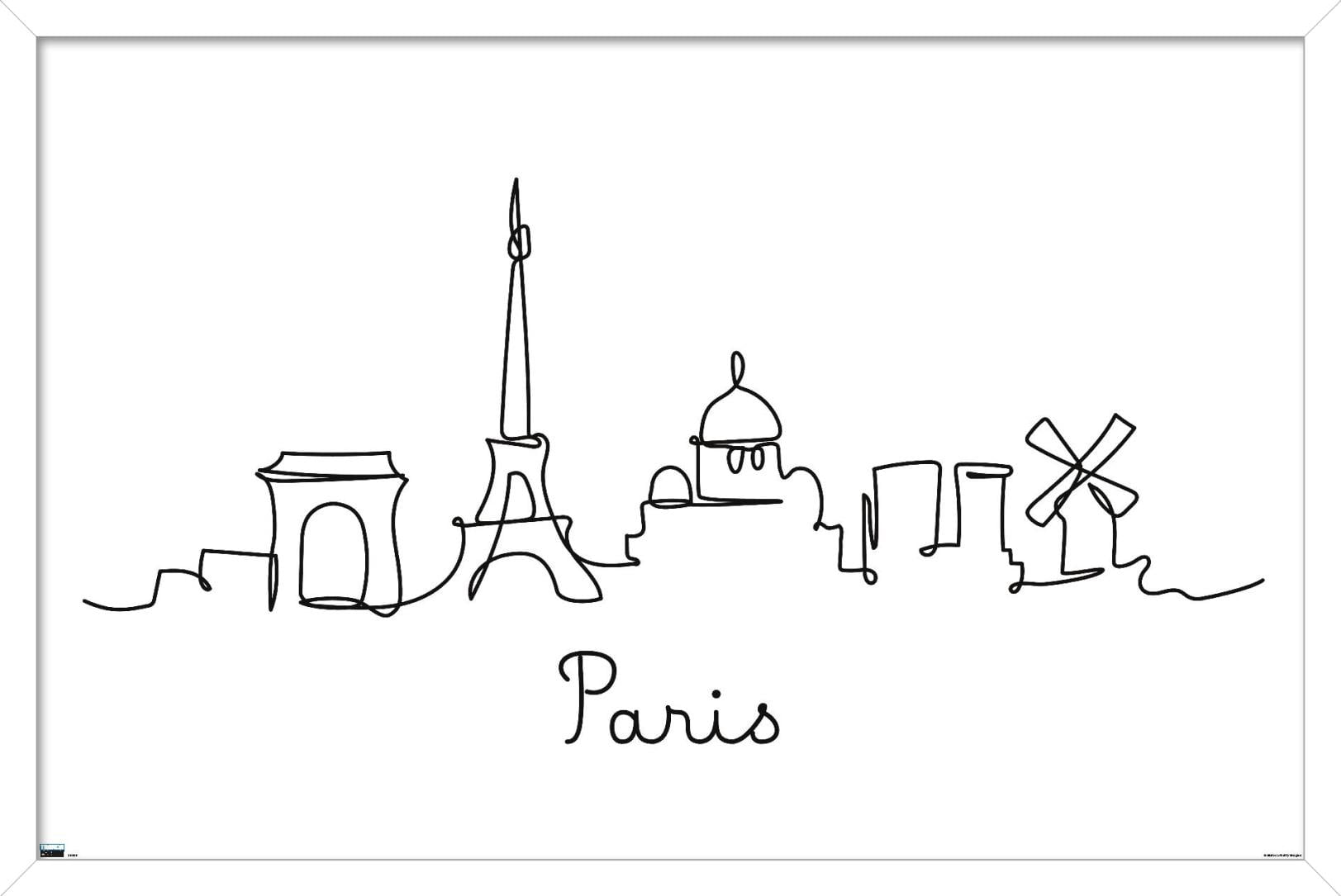Line Art Skyline - Paris Wall Poster, 14.725" x 22.375", Framed