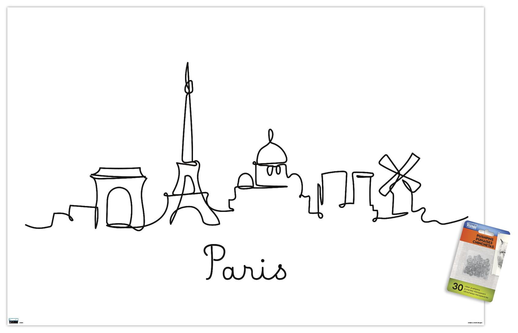 Line Art Skyline - Paris Wall Poster with Pushpins, 22.375" x 34"