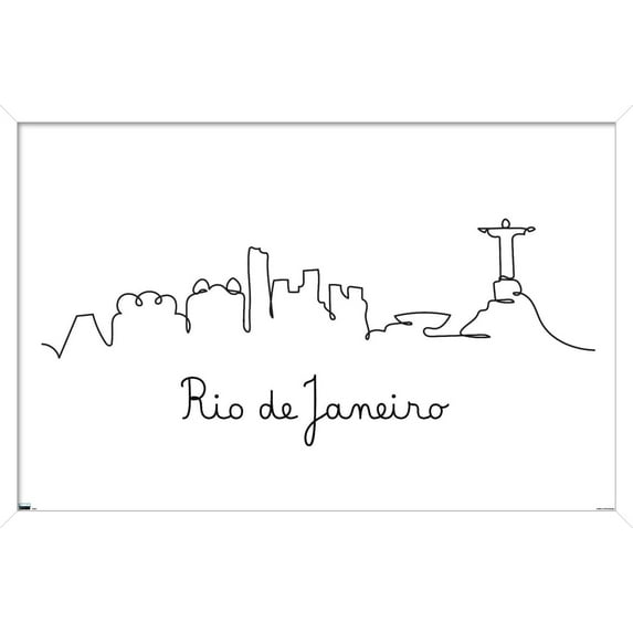 Line Art Skyline - Rio De Janeiro Wall Poster, 22.375" x 34", Framed
