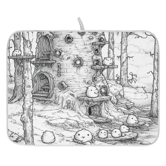 Line Art Tree House Dish Drying Mat for Kitchen, Quick Drying Absorbent Soft Durable 18 x 24"