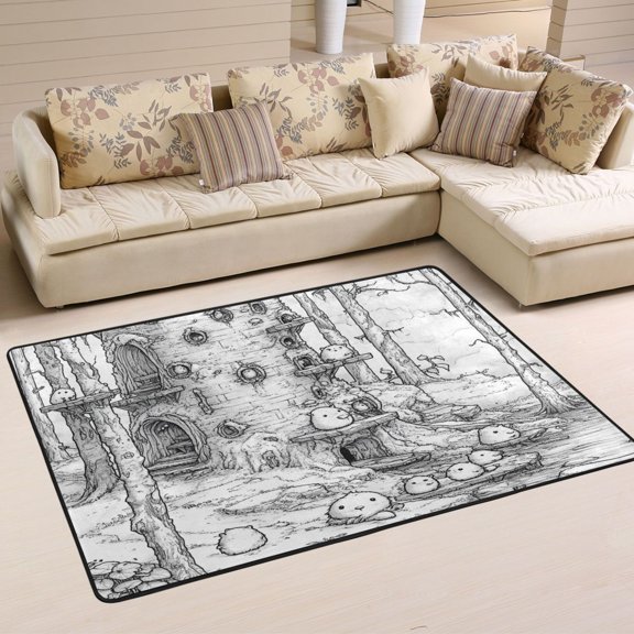Line Art Tree House Soft Polyester Area Rug 72''x48'', Non Slip, Memory Foam, Water Absorbent