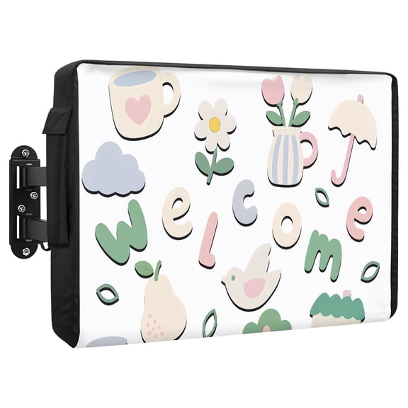 Line Art Waterproof Outdoor TV Cover, Cute Sticker Pack Green Pink Beige Letter Bird Flower Outside Weatherproof TV Enclosures for 40 to 43 Inch LCD Television Shield Flat Screen Protectors