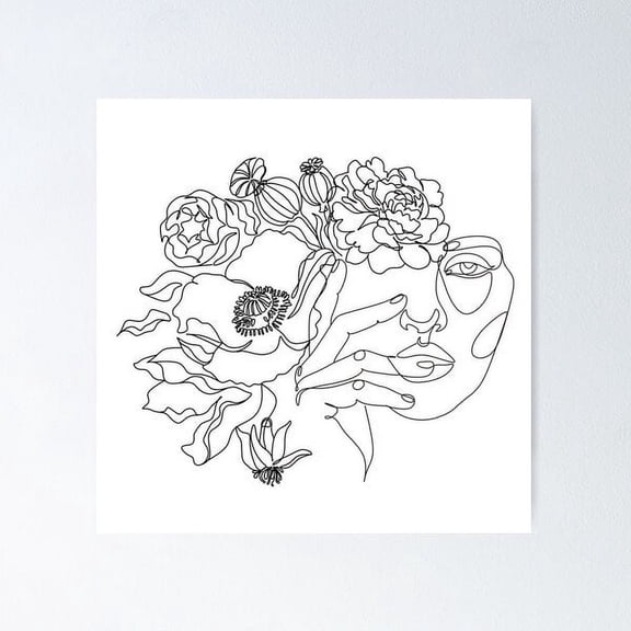 Line Art Woman With Flowers | Head Of Flowers Art Prints | Woman Wall Art | Minimal Line Drawing Woman Poster Wall Art, Modern Wall Decor For Living Room Bedroom, 24x24 UNFRAMED