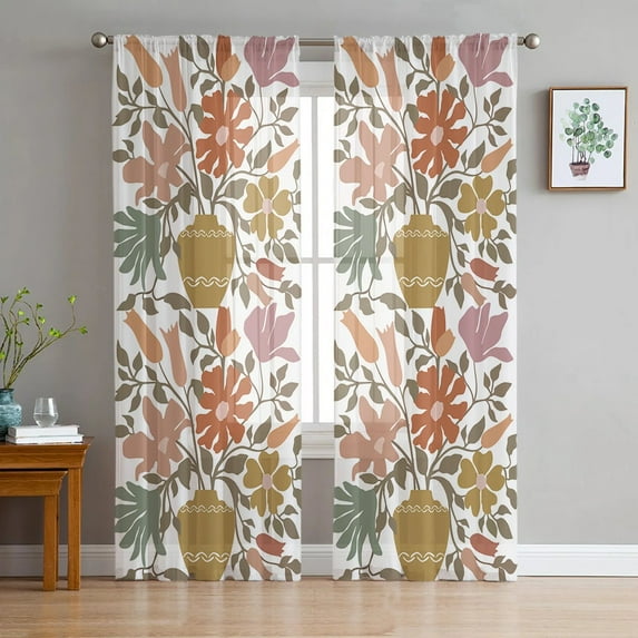 Line Color Block Flower Leaves Bedroom Transparent Sheer Curtains Holiday Decoration Window Voile Tulle Curtain