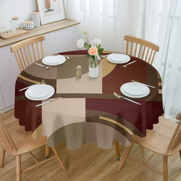 Line Color Block Overlay Brown Waterproof Tablecloth Tea Table Decoration Round Table Cover for Kitchen Wedding Home Dining Room