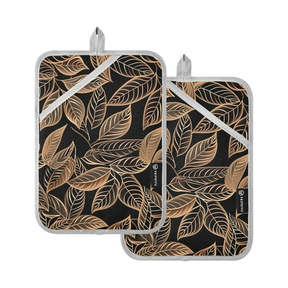 Line Copper Leaves Oven Mitts 2 Pcs Pot Holders Sets Heat Resistant for Kitchen Cooking Baking 7"x9.8"