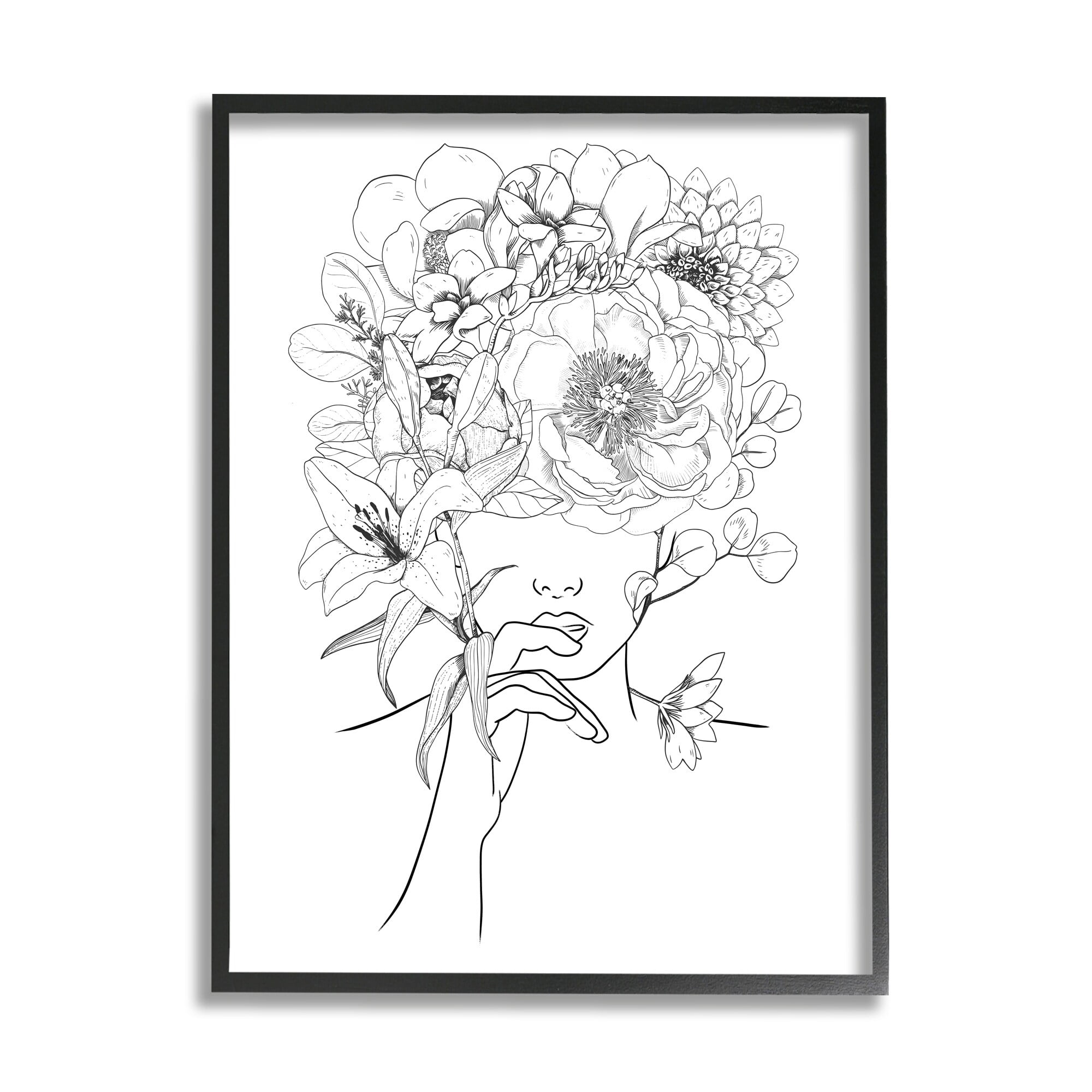 Line Drawing Botanical Floral Bouquet Over Person Face Botanical & Floral Graphic Art Framed Art Print Wall Art