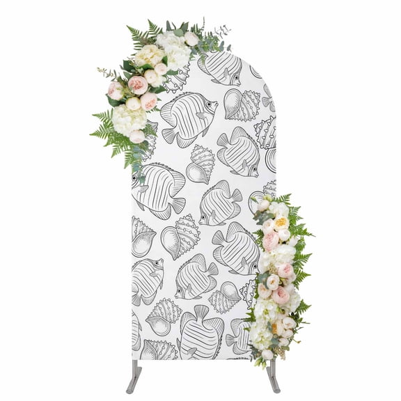 Line Drawing Fish Arch Backdrop Cover 4FT, Summer Coastal Nautical Shell Spandex Fitted Stretchy Arch Stand Covers, Round Top Chiara Backdrop Cover for Wedding Party Birthday Baby Shower