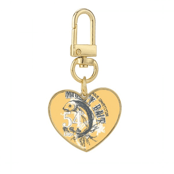 Line Drawing Fish Mighty Bait Pattern Gold Heart Keychain Metal Keyring Holder