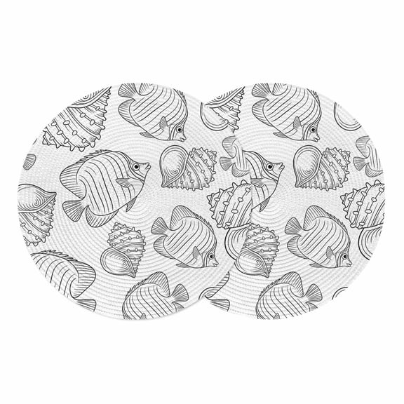 Line Drawing Fish Round 13 Inch Placemats Set of 2, Summer Coastal Nautical Shell HeatResistant Non Slip Place Mats for Dining Table, Wipeable Braided Kitchen Table Mats for Housewarming