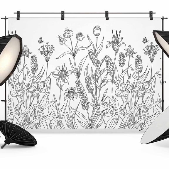Line Drawing Flowers Photography Backdrop 7x5FT, Flower Sketch Photo Backdrops, Background for Photography Studio Photo Studio Background, Back Drop for Photoshoot