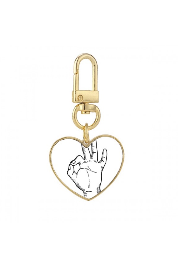 Line Drawing OK Gesture Pattern Gold Heart Keychain Metal Keyring Holder