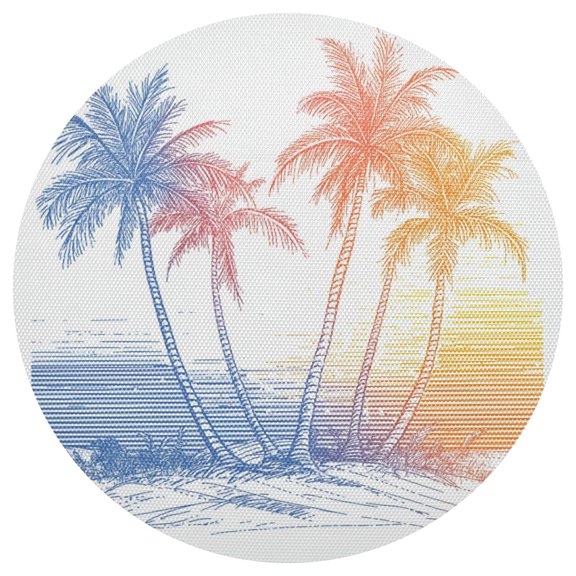 Line Drawing Palm Trees Rainbow Colored PVC Round Grid Placemat Table Mat 1 Pc 15.4" x 15.4"