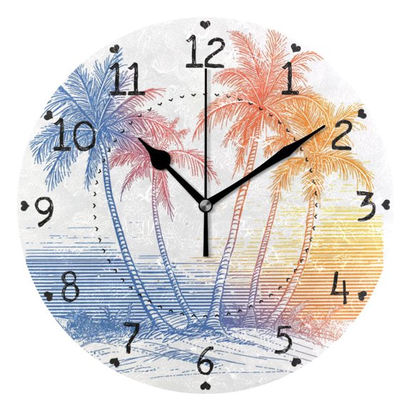 Line Drawing Palm Trees Rainbow Colored Round Wall Clock Silent Analog Battery Operated Black Pointer Home Decor 9.84" Diameter