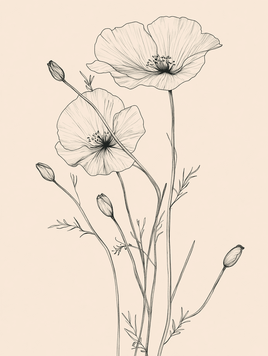 Line Draw Poppy Line Drawing Poppy Floral Canvas Art Print, Suitable for Living Room ...