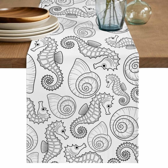 Line Drawing Seahorse Table Runner, Summer Coastal Nautical Shell Washable Cotton Linen Table Runners 36 Inches Long, Dresser Scarf Runner for Nightstand/End Tables/Round Tables 13''x36''