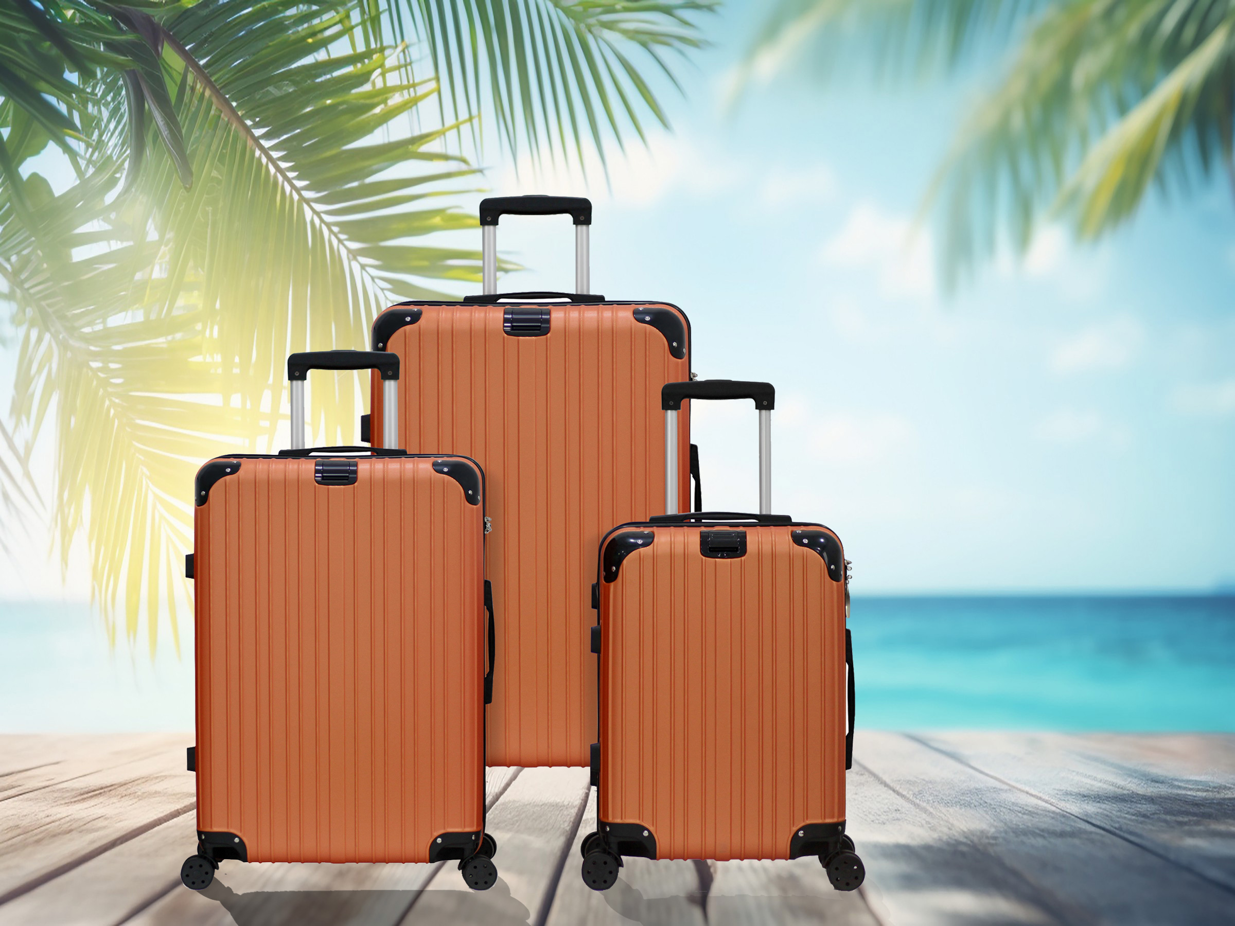 Line Embossed Hard Leather Suitcase Set, Three-Piece Suitcase Set, Customs Lock, Maple Leaf Red