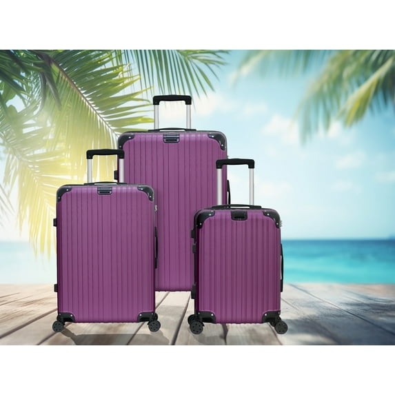 Line Embossed Hard Leather Suitcase Set, Three-Piece Suitcase Set, Customs Lock, Pearlescent Purple