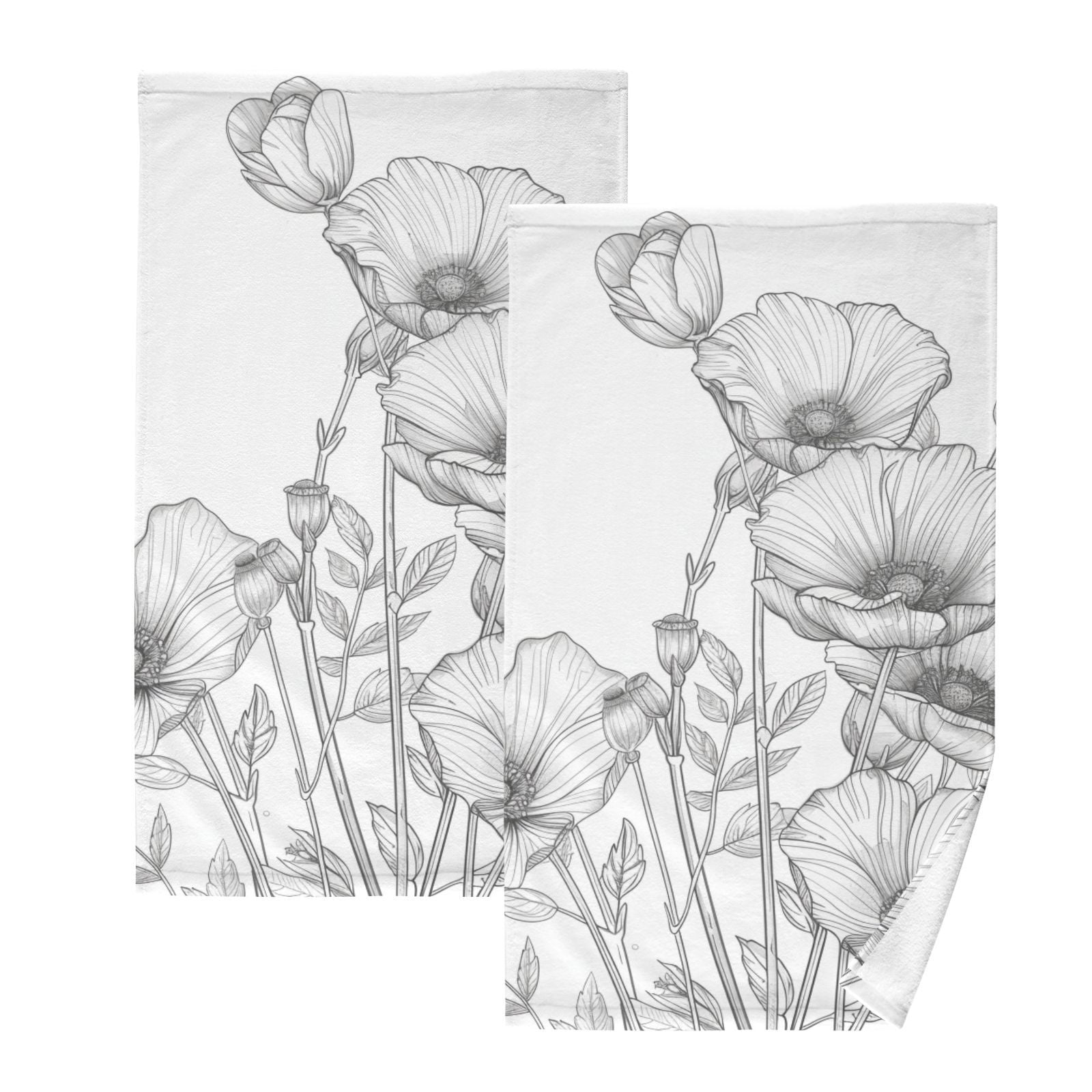 Line Flowers Hand Towels Cotton Bath Towels Large Face Towels Absorbent for Bathroom 2 Packs