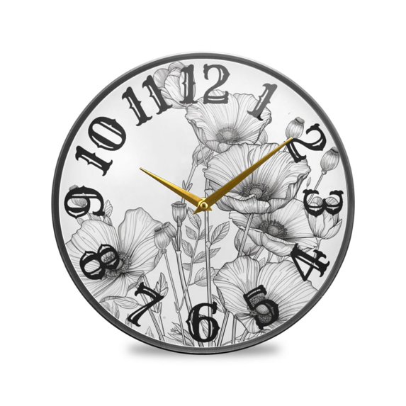 Line Flowers Wall Clock 10 Inch Silent Non Ticking Battery Operated Easy to Read for Kitchen Living Room