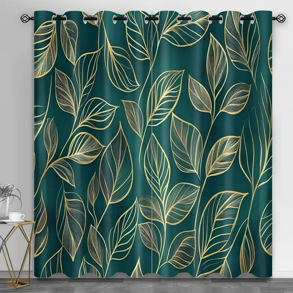 Line Gold Leaves Blackout Curtains For Living Room, Vintage Floral Bedroom Curtains, Plant Leaves Window Treatments, Room Darkening Grommet Drapes 42"W x 84"L (Pack of 2)