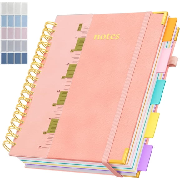 Line Hardcover Spiral Notebook with Removable Dividers Tabs & Ruler, 5 Subject Notebook College Ruled, 300 Page, Large 8"x10" B5 Notebooks for Work School, Lined Journal for Women & Men,