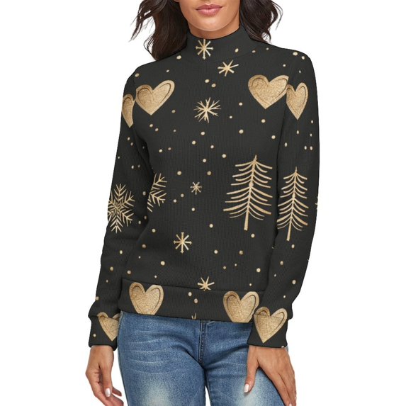 Line Heart Christmas Women's Turtleneck Sweater Long Sleeve Ribbed Fitted Turtle Neck Casual Fall Winter Collection Top 2XL