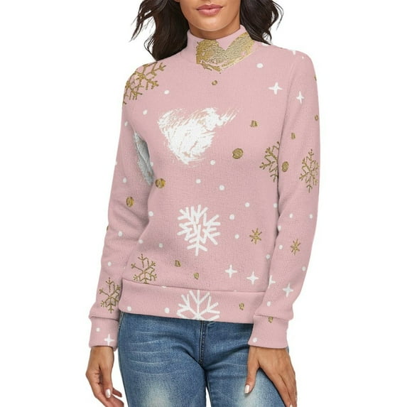 Line Heart Christmas Women's Turtleneck Sweater Long Sleeve Ribbed Fitted Turtle Neck Casual Fall Winter Collection Top S
