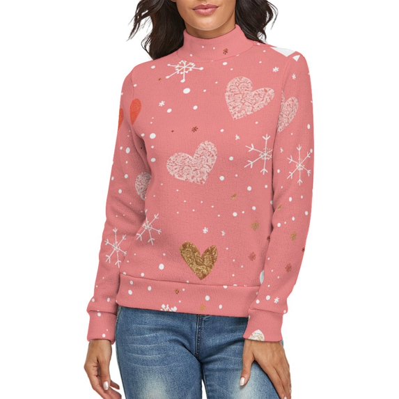 Line Heart Christmas Women's Turtleneck Sweater Long Sleeve Ribbed Fitted Turtle Neck Casual Fall Winter Collection Top S