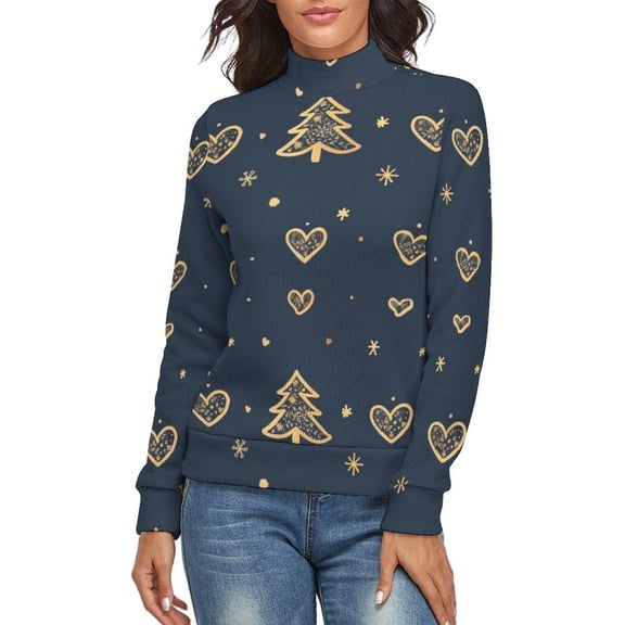 Line Heart Christmas Women's Turtleneck Sweater Long Sleeve Ribbed Fitted Turtle Neck Casual Fall Winter Collection Top XL